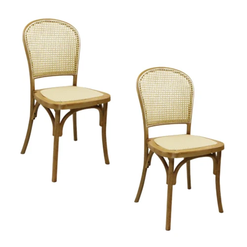 Pack de 2 sillas Alauda de resina color natural, respaldo en bejuco y asiento en ratán sintético.