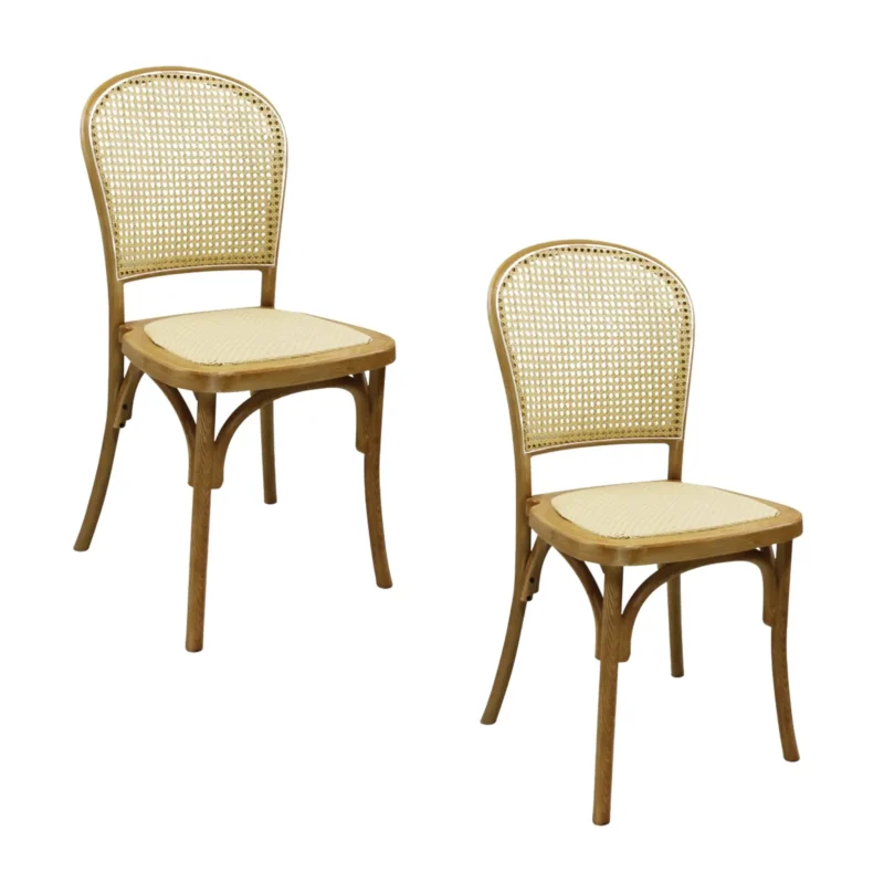 Pack de 2 sillas Alauda de resina color natural, respaldo en bejuco y asiento en ratán sintético.