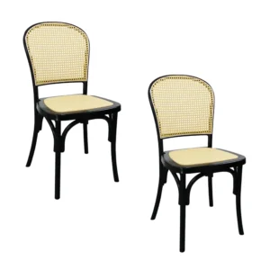 Pack de 2 sillas Alauda de resina color negro, respaldo en bejuco y asiento en ratán sintético.