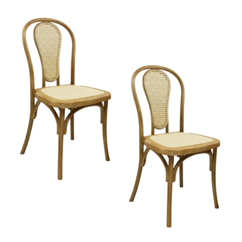 Pack de 2 sillas Cibeles de resina color natural, respaldo en bejuco y asiento en ratán sintético.