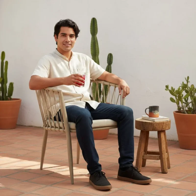 Silla Holbox Marfil de metal para exteriores – persona