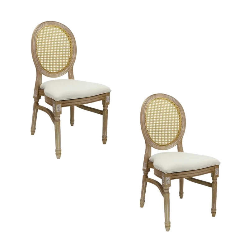 Silla Luis XV de resina para hogares, diseño clásico. Asiento y respaldo redondo de bejuco.