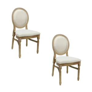Silla Luis XV de resina para hogares, diseño clásico. Asiento y respaldo redondo tapizado.