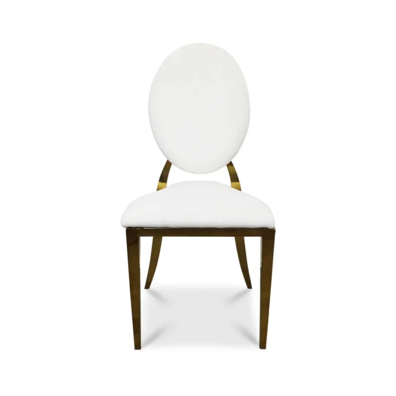 Silla Oval Blanca de metal para exteriores – vista frontal