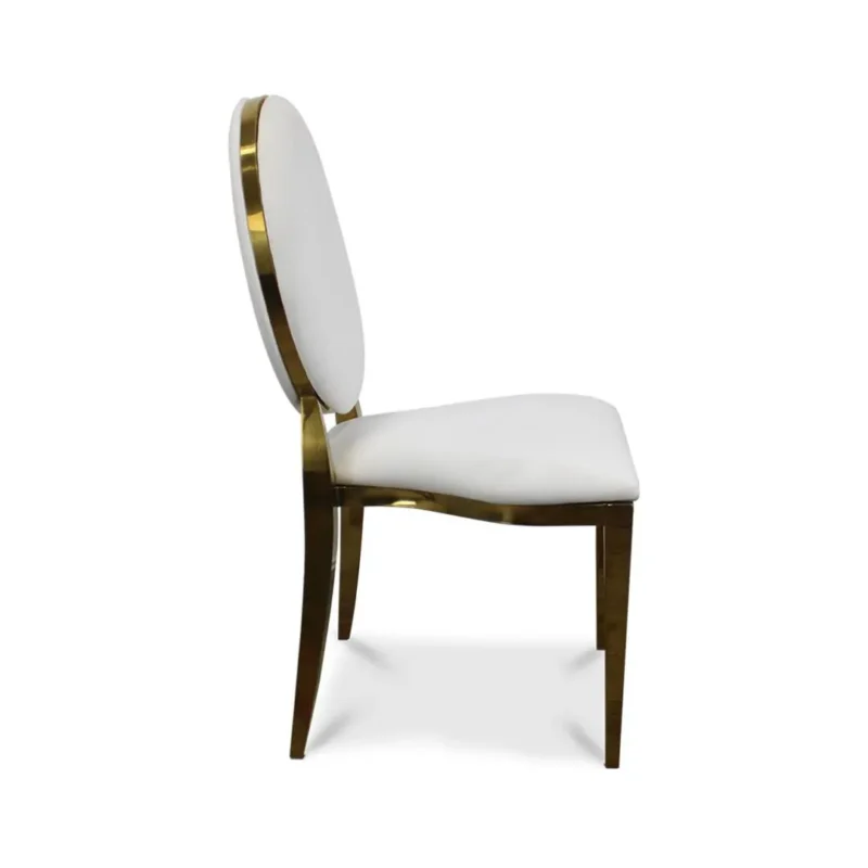 Silla Oval Blanca de metal para exteriores – vista lateral