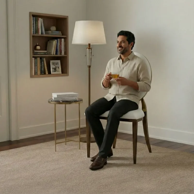 Silla Oval Blanca de metal para exteriores – persona