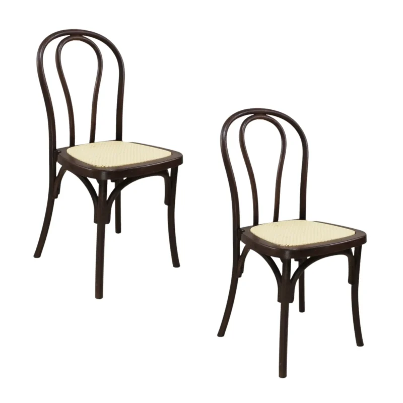 Pack de 2 sillas Tina de resina color chocolate con asiento en ratán sintético.