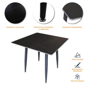 Características de la mesa cuadrada de piedra sinterizada negra black lauren, con pintura electroestática y regatones.