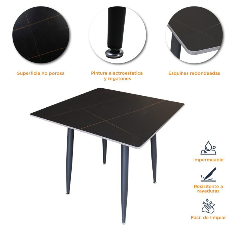 Características de la mesa cuadrada de piedra sinterizada negra black lauren, con pintura electroestática y regatones.