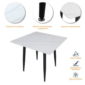 Características de la mesa cuadrada de piedra sinterizada blanca marmoleada, con pintura electroestática y regatones.