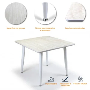 caracteristicas-mesa-cuadrada-travertino Características de la mesa cuadrada de piedra sinterizada travertino, con pintura electroestática y regatones.