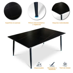 Características de la mesa rectangular de piedra sinterizada negra black lauren, con pintura electroestática y regatones.