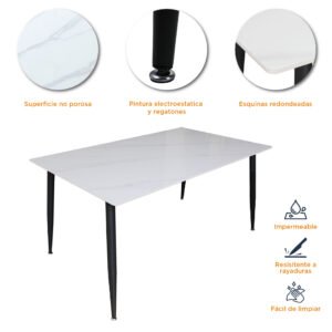 Características de la mesa rectangular de piedra sinterizada blanca marmoleada, con pintura electroestática y regatones.