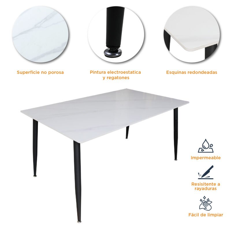Características de la mesa rectangular de piedra sinterizada blanca marmoleada, con pintura electroestática y regatones.