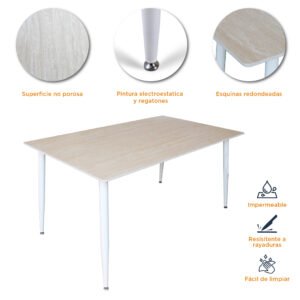Características de la mesa rectangular de piedra sinterizada travertino, con pintura electroestática y regatones.