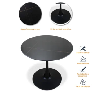 caracteristicas-mesa-redonda-black-lauren Características de la mesa redonda de piedra sinterizada negra black lauren, con pintura electroestática y base tipo tulip.