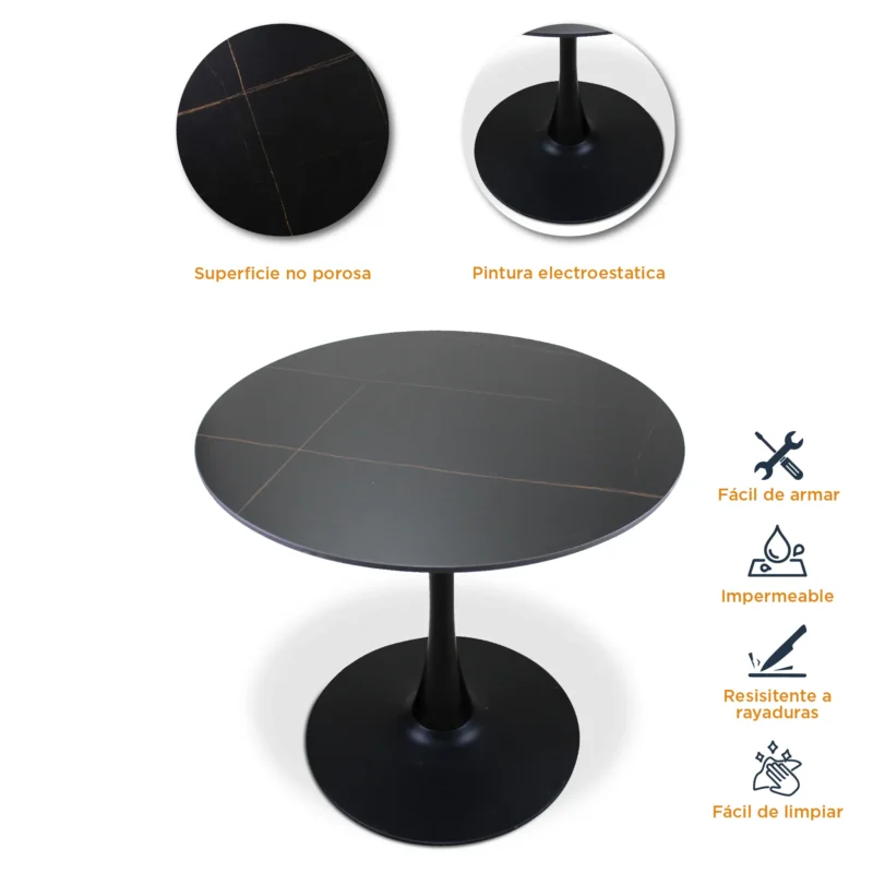 caracteristicas-mesa-redonda-black-lauren Características de la mesa redonda de piedra sinterizada negra black lauren, con pintura electroestática y base tipo tulip.
