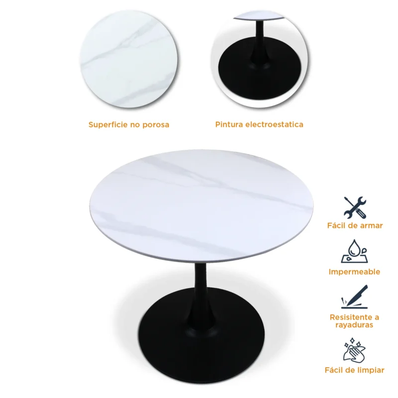 Características de la mesa redonda de piedra sinterizada blanca marmoleada, con pintura electroestática y base tipo tulip.