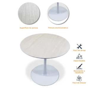 caracteristicas-mesa-redonda-travertino Características de la mesa redonda de piedra sinterizada travertino, con pintura electroestática y base tipo tulip.