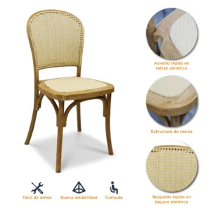 Características de la silla Alauda color natural de resina con respaldo en bejuco sintético y asiento tapizado en ratán sintético.