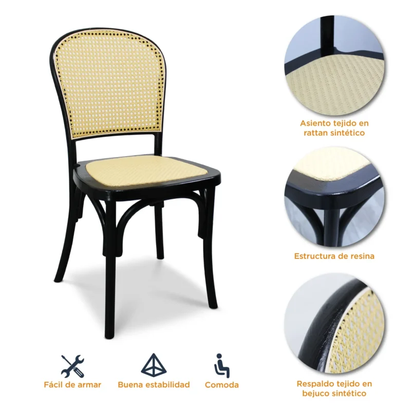 caracteristicas-silla-alauda-negra Características de la silla Alauda color negro de resina con respaldo en bejuco sintético y asiento tapizado en ratán sintético.