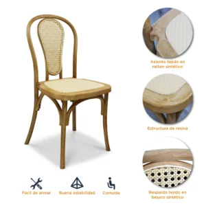 Características de la silla Cibeles color natural de resina con respaldo en bejuco sintético y asiento tapizado en ratán sintético.