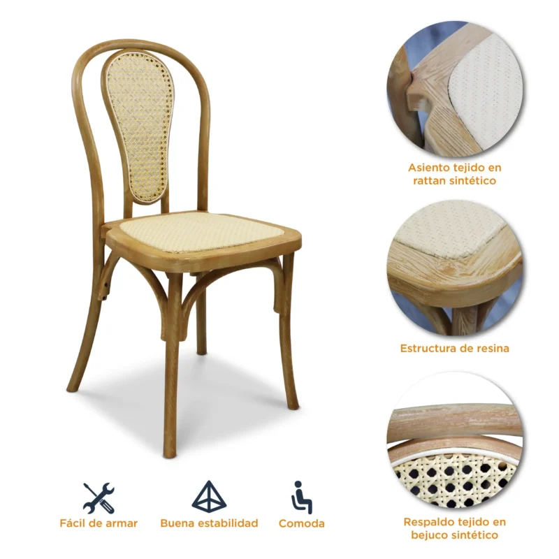 Características de la silla Cibeles color natural de resina con respaldo en bejuco sintético y asiento tapizado en ratán sintético.