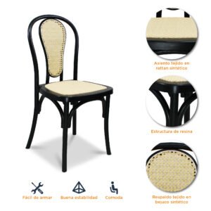 Características de la silla Cibeles color negra de resina con respaldo en bejuco sintético y asiento tapizado en ratán sintético.