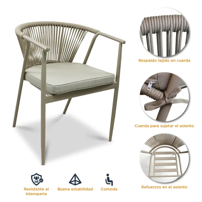 caracteristicas-silla-melodi-marfil Características de la silla Melodi color marfil de acero tubular con respaldo tejido con cuerda y asiento con cojín.