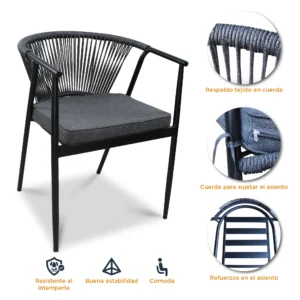 Características de la silla Melodi color negra de acero tubular con respaldo tejido con cuerda y asiento con cojín.