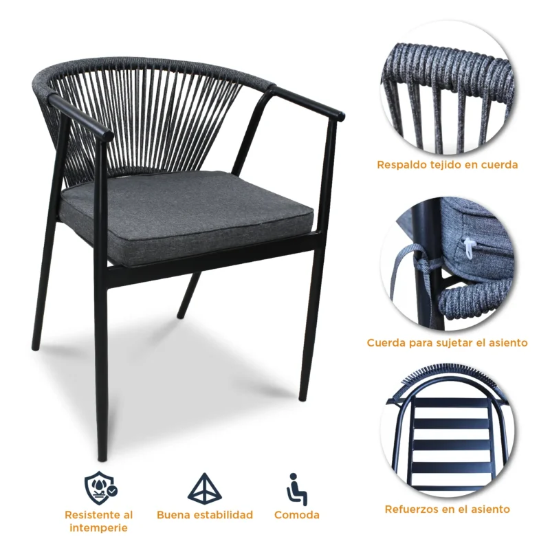 Características de la silla Melodi color negra de acero tubular con respaldo tejido con cuerda y asiento con cojín.