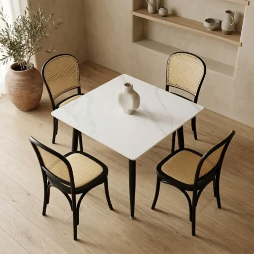 comedor-4-sillas-alauda-mesa-cuadrada-80x80cm-blanca-marmoleada Comedor 4 sillas Alauda color negro y Mesa Cuadrada Blanca Marmoleada de 80x80 cm.