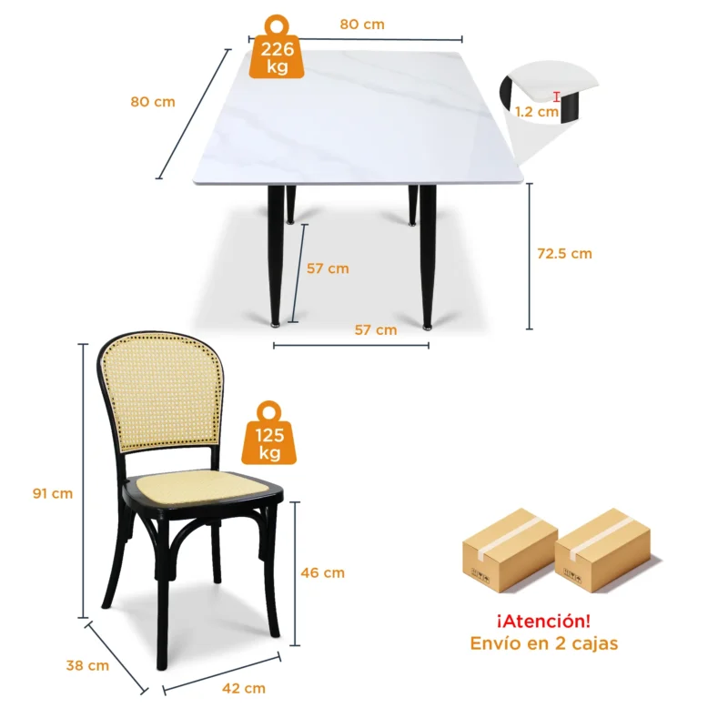 Comedor 4 Sillas Alauda color negra y Mesa Cuadrada Blanca Marmoleada de 80x80 cm
