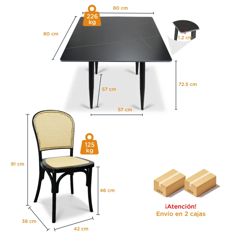 Comedor 4 Sillas Alauda color negra y Mesa Cuadrada Negra Black Lauren de 80x80 cm