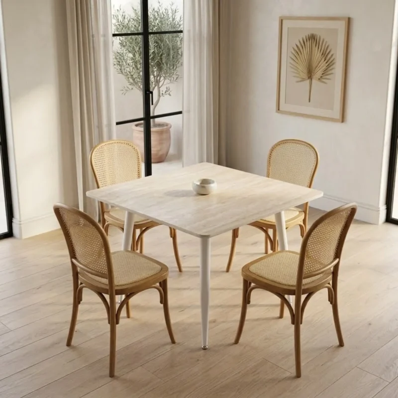 comedor-4-sillas-alauda-mesa-cuadrada-80x80cm-travertino Comedor 4 sillas Alauda color natural y Mesa Cuadrada Travertino de 80x80 cm.