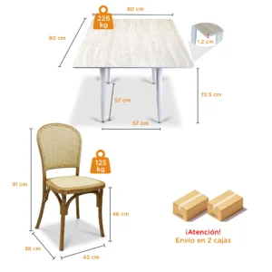 comedor-4-sillas-alauda-mesa-cuadrada-80x80cm-travertino-medidas Comedor 4 sillas Alauda color natural y Mesa Cuadrada Travertino de 80x80 cm.