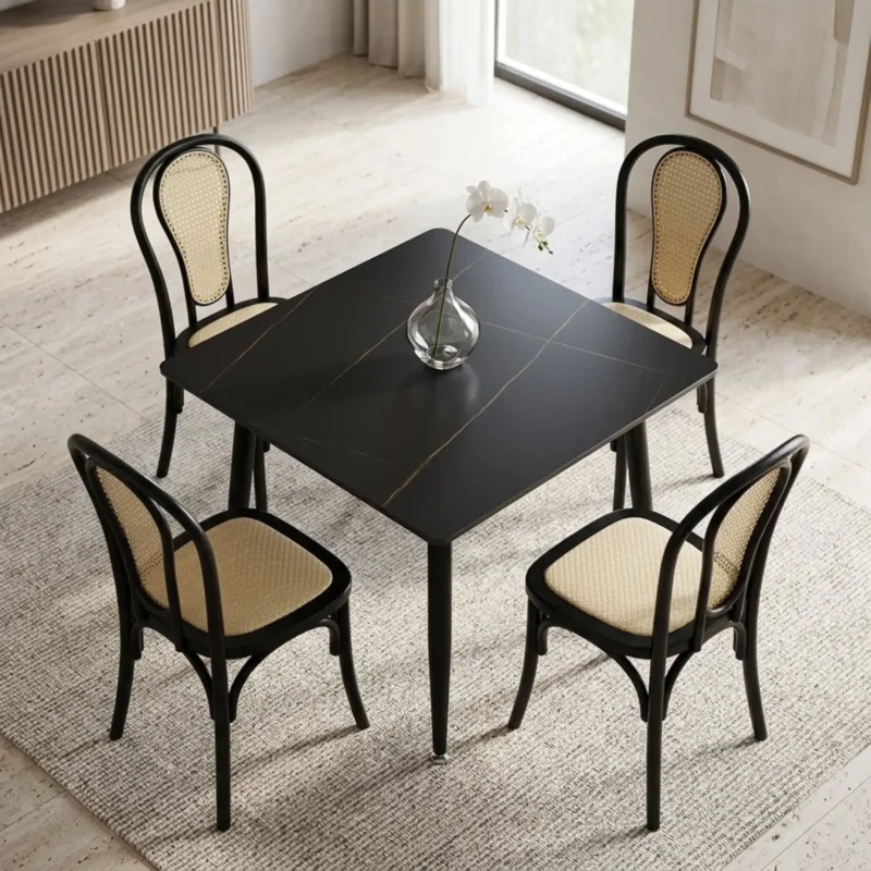 Comedor 4 sillas Cibeles color negro y Mesa Cuadrada Negra Black Lauren de 80x80 cm.