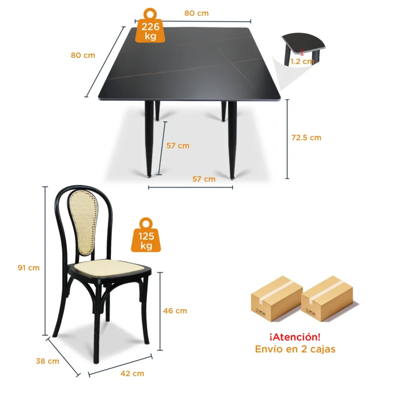 Comedor 4 Sillas Cibeles color negra y Mesa Cuadrada Negra Black Lauren de 80x80 cm