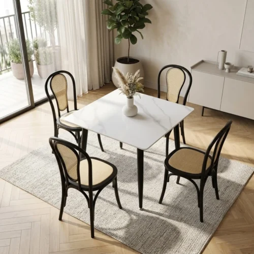 comedor-4-sillas-cibeles-mesa-cuadrada-80x80cm-blanca-marmoleada Comedor 4 sillas Cibeles color negro y Mesa Cuadrada Blanca Marmoleada de 80x80 cm.