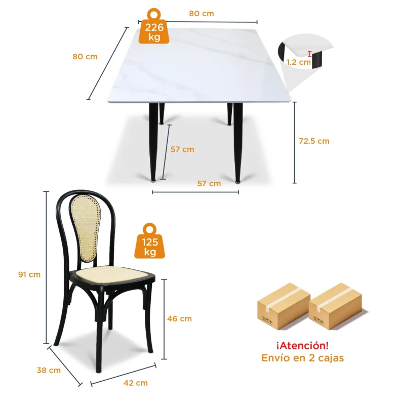Comedor 4 Sillas Cibeles color negra y Mesa Cuadrada Blanca Marmoleada de 80x80 cm
