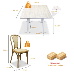 Comedor 4 Sillas Cibeles color natural y Mesa Cuadrada Travertino de 80x80 cm