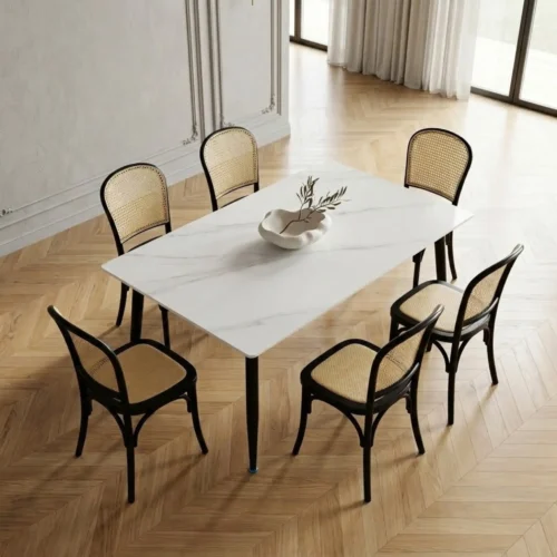 Comedor 6 Sillas Alauda color negro y Mesa Rectangular Blanca Marmoleada de 150 x 90 cm