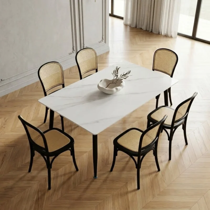 Comedor 6 Sillas Alauda color negro y Mesa Rectangular Blanca Marmoleada de 150 x 90 cm