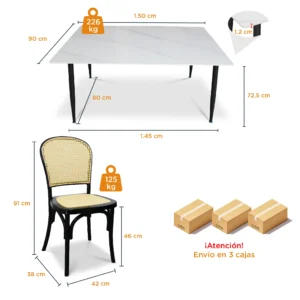 Comedor 6 Sillas Alauda color negro y Mesa Rectangular Blanca Marmoleada de 150 x 90 cm