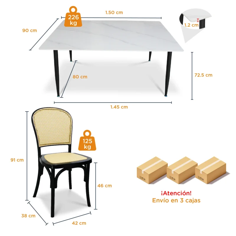 Comedor 6 Sillas Alauda color negro y Mesa Rectangular Blanca Marmoleada de 150 x 90 cm