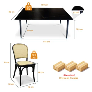 comedor-6-sillas-alauda-mesa-rectangular-150x90cm-negra-medidas Comedor 6 Sillas Alauda color negra y Mesa Rectangular Negra Black Lauren de 150 x 90 cm