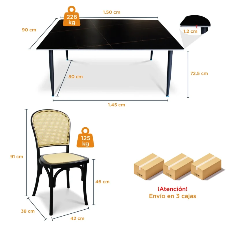 comedor-6-sillas-alauda-mesa-rectangular-150x90cm-negra-medidas Comedor 6 Sillas Alauda color negra y Mesa Rectangular Negra Black Lauren de 150 x 90 cm