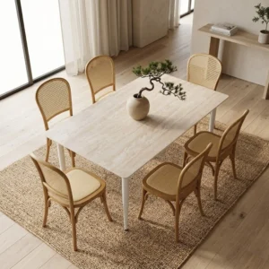 Comedor 6 Sillas Alauda color natural y Mesa Rectangular Travertino de 150 x 90 cm