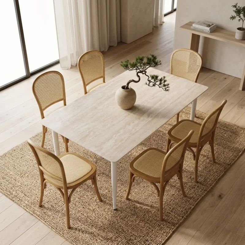 Comedor 6 Sillas Alauda color natural y Mesa Rectangular Travertino de 150 x 90 cm