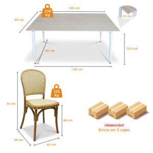 Comedor 6 Sillas Alauda color natural y Mesa Rectangular Travertino de 150 x 90 cm